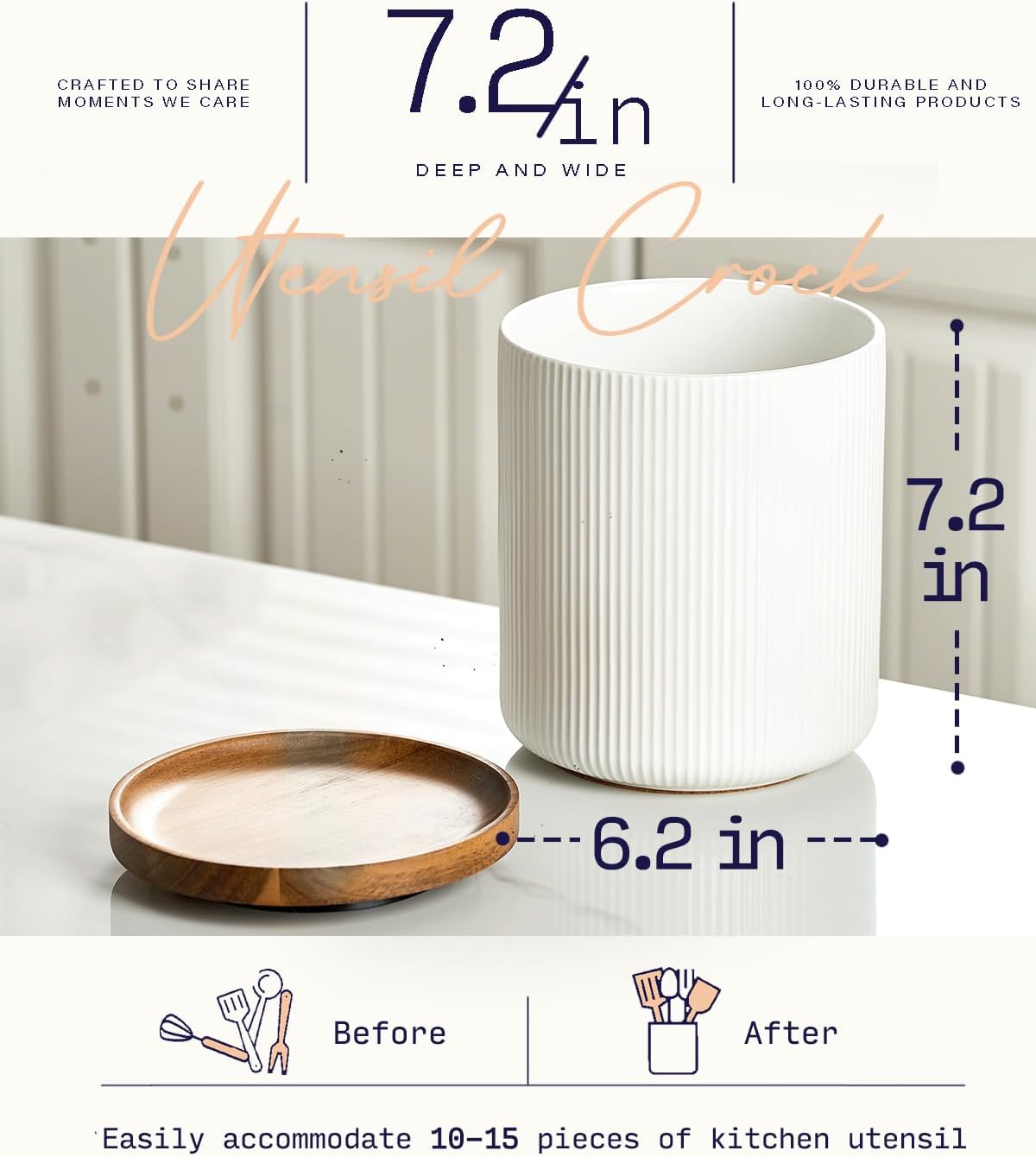 getstar utensil holder, 360 rotating large kitchen utensil holder, ceramic cooking utensil holder for kitchen counters, with rotating and removable wooden base