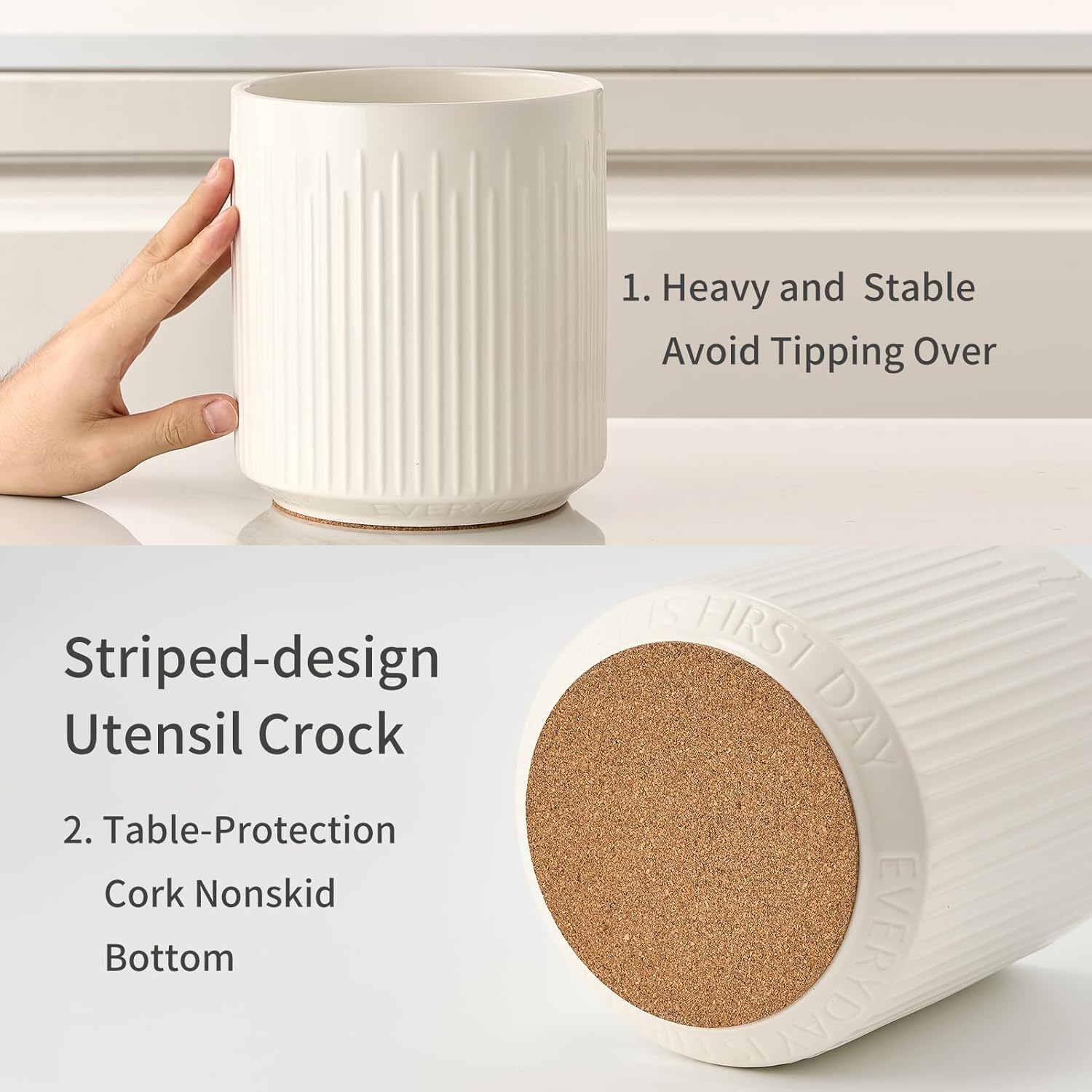 JIEMEI HOME Kitchen Utensil Rack 7.25 inch (Approx. 18.3 cm) Large Ceramic Stabilized Utensil Rack with Cork Cushion Removable Bamboo Divider Convenient Kitchen Decor White