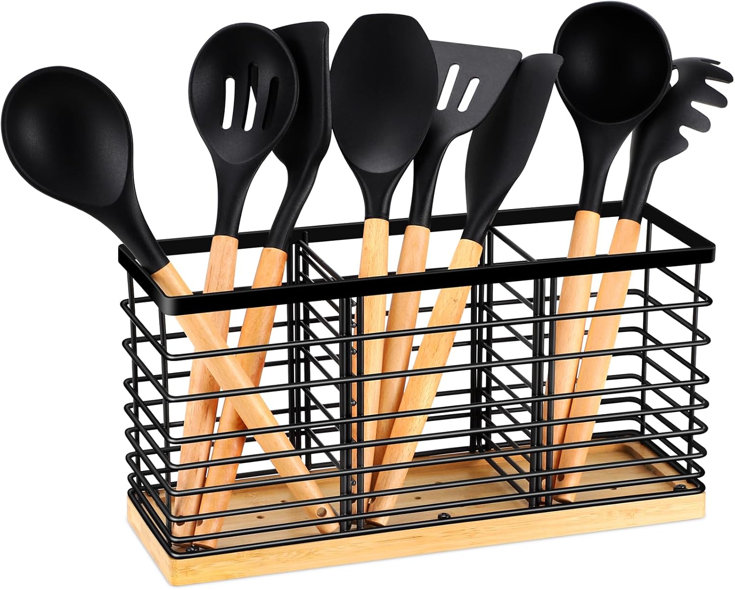 Kitchen Counter Utensil Rack, Kitchen Cooking Utensil Organizer, Wooden Base, Matte Black (3 Compartments)
