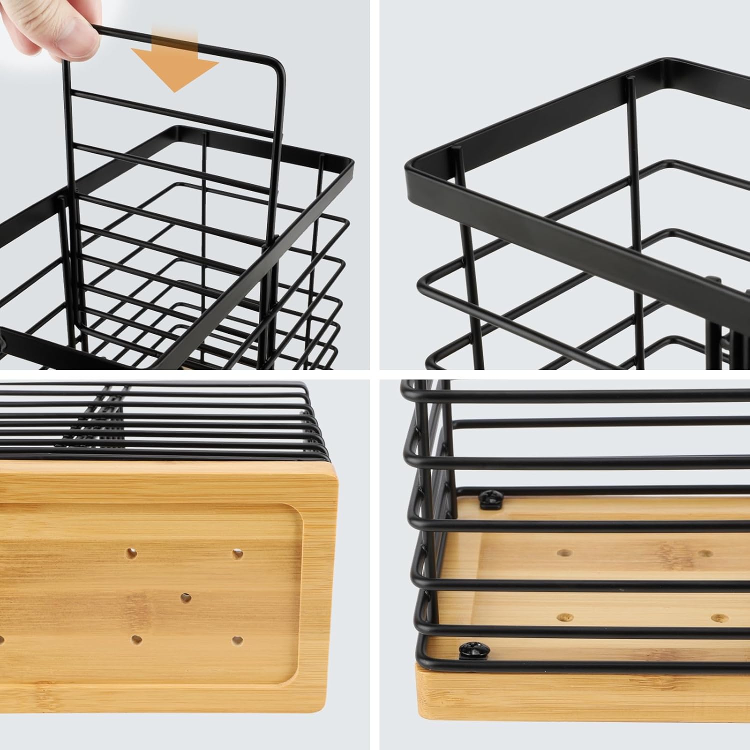 Kitchen Counter Utensil Rack, Kitchen Cooking Utensil Organizer, Wooden Base, Matte Black (3 Compartments)