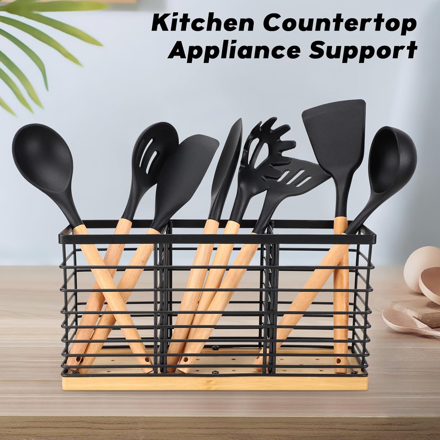 Kitchen Counter Utensil Rack, Kitchen Cooking Utensil Organizer, Wooden Base, Matte Black (3 Compartments)