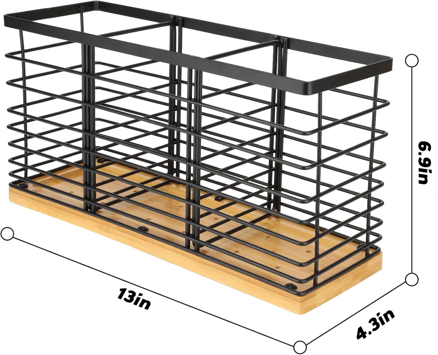 Kitchen Counter Utensil Rack, Kitchen Cooking Utensil Organizer, Wooden Base, Matte Black (3 Compartments)