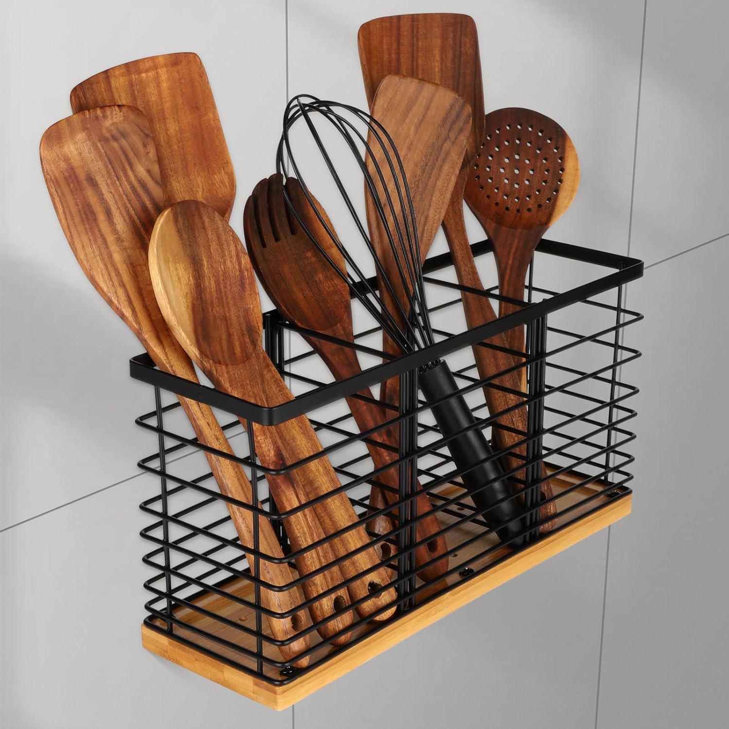 Kitchen Counter Utensil Rack, Kitchen Cooking Utensil Organizer, Wooden Base, Matte Black (3 Compartments)
