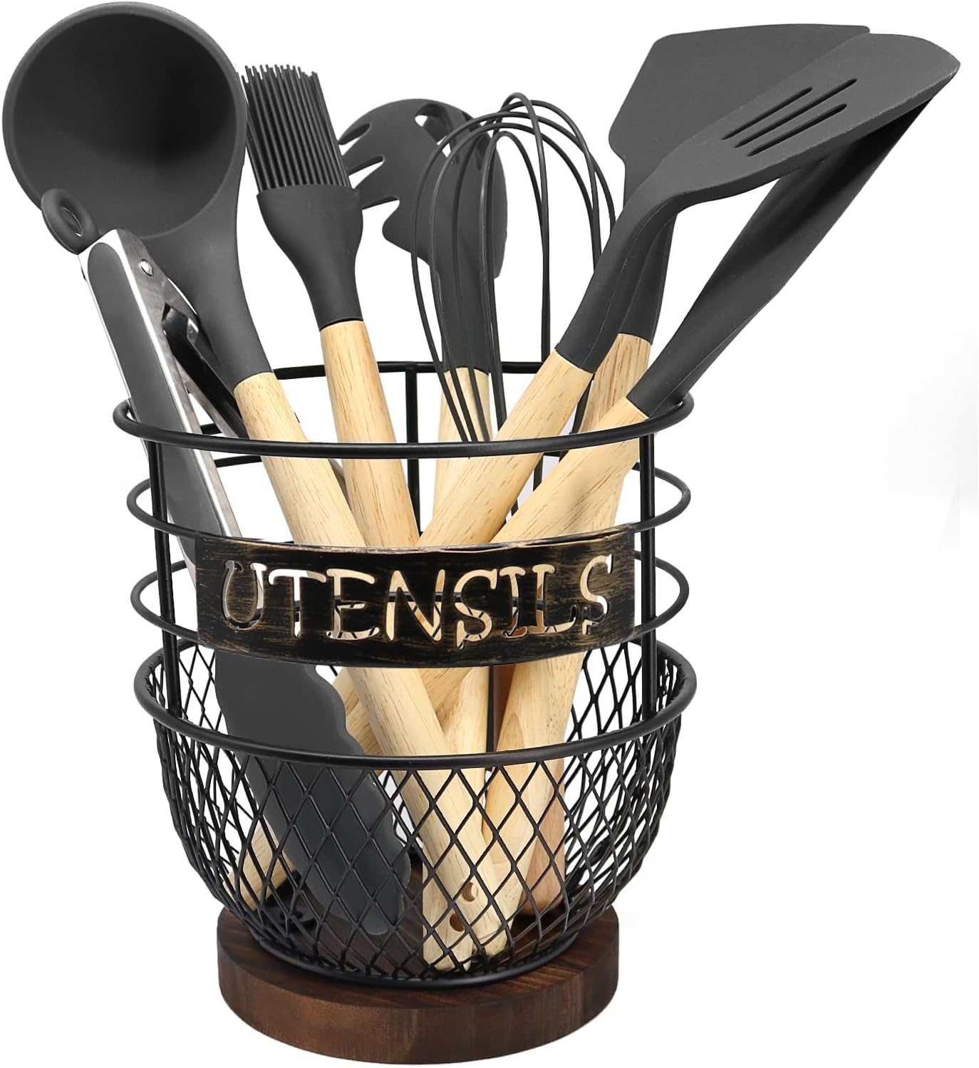 Dstuff Large Kitchen Utensil Organizer for Counter or Countertop, Large Wooden Utensil Rack for Cooking and Silverware, Acacia Rustic Wooden Container Large (Acacia 4 Compartments)