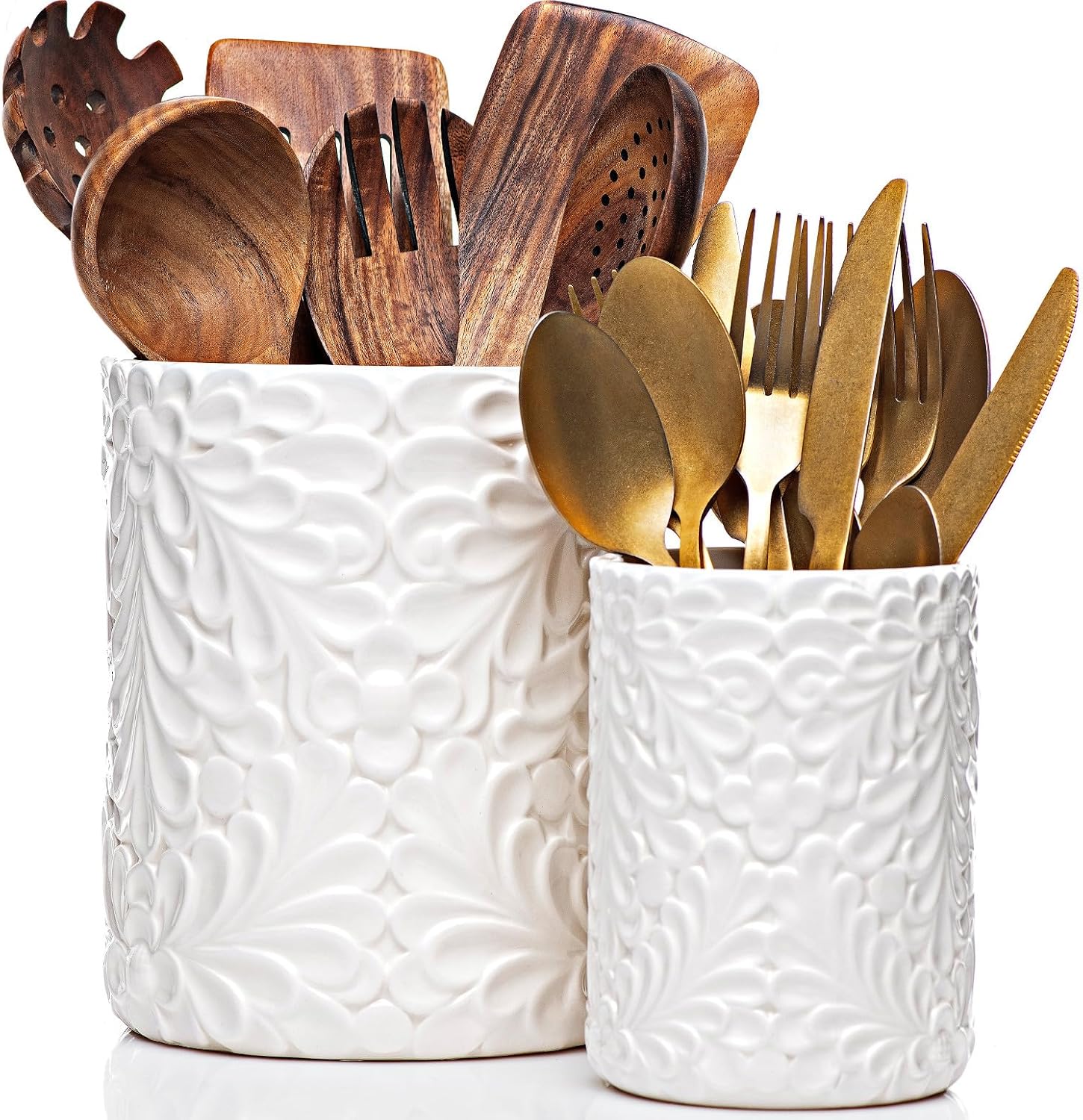 Large 7.3-inch + 5.4-inch (~18.5 cm) Engraved Ceramic Utensil Holder for Countertop, Cooking Utensil Organizer, Kitchen Countertop, Set of 2, White