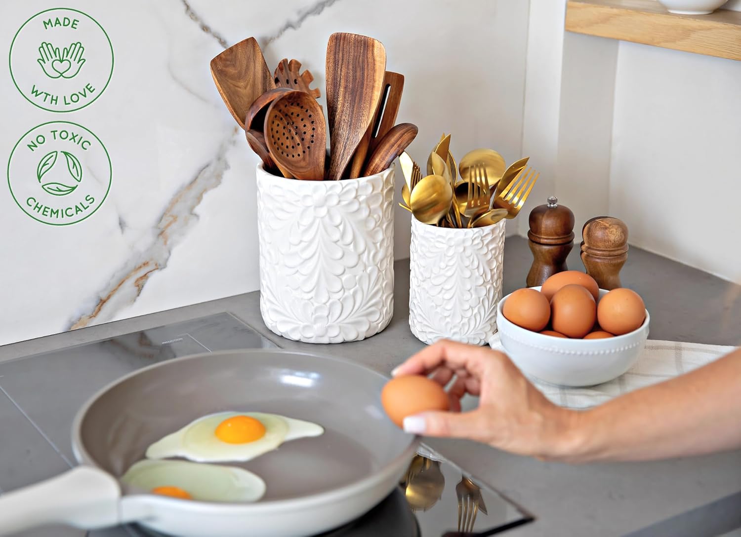 Large 7.3-inch + 5.4-inch (~18.5 cm) Engraved Ceramic Utensil Holder for Countertop, Cooking Utensil Organizer, Kitchen Countertop, Set of 2, White
