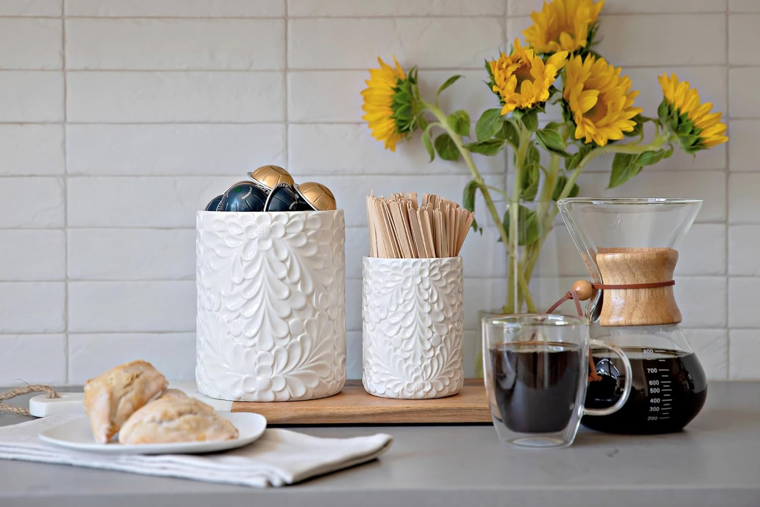 Large 7.3-inch + 5.4-inch (~18.5 cm) Engraved Ceramic Utensil Holder for Countertop, Cooking Utensil Organizer, Kitchen Countertop, Set of 2, White