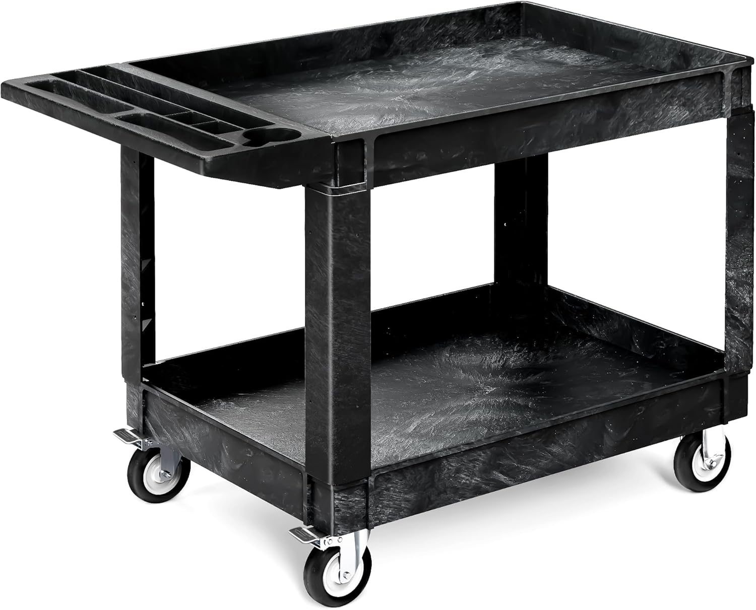 Wheeled Utility Cart, 550 lb. Capacity, 45 x 25 in. Rolling Work Cart with Wheels, 2 ShelvesHeavy Duty Plastic Service Cart for Warehouses, Garages, Schools and Offices, Clean, Black