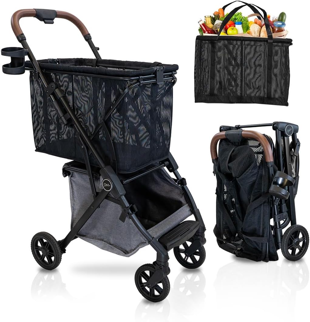 Strolee Premium Personal Deluxe Folding Shopping Cart on Wheels - Ultra Lightweight Aluminum Frame - Removable Shopping Bag With Carrying Strap and Lower Grocery Storage 75 lb Capacity (Shadow v2)