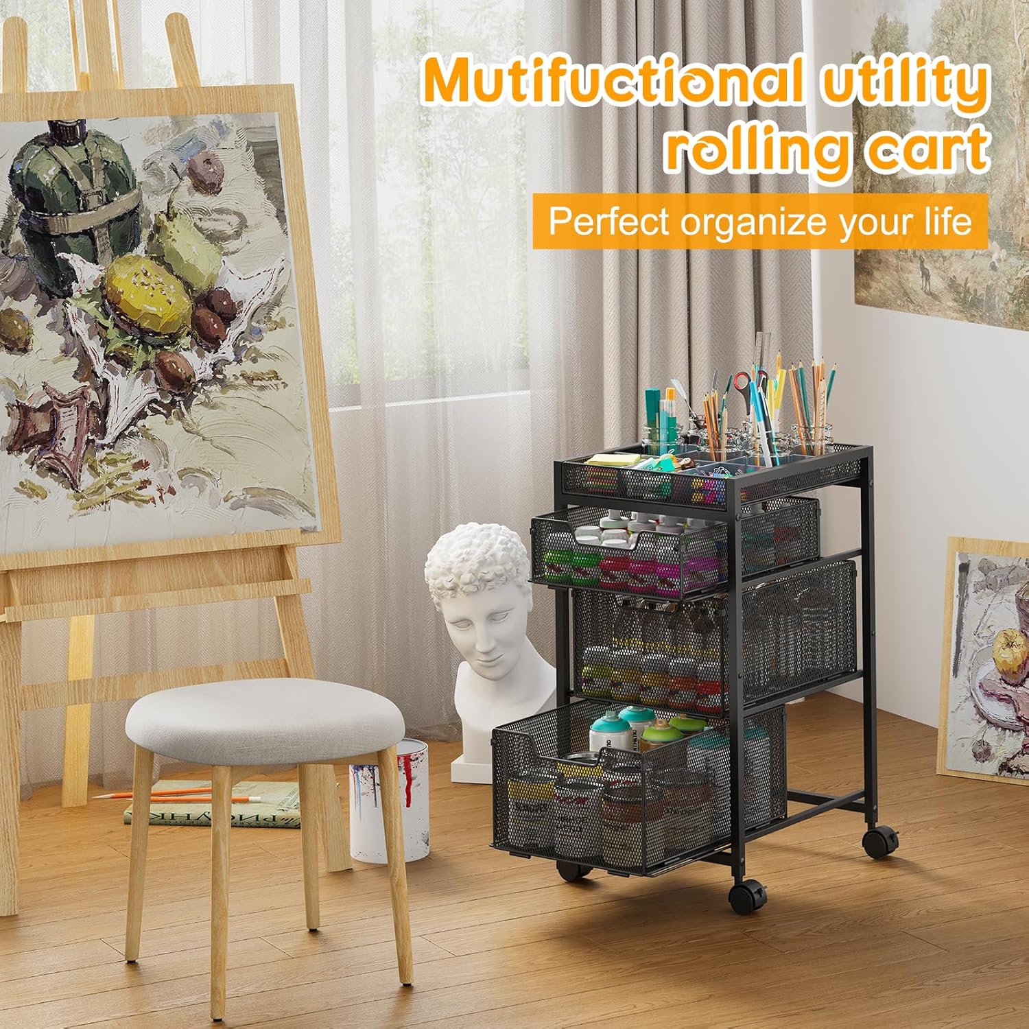 Rolling Utility Cart with 3 Drawers, Craft Storage and Organizer with DIY Dividers, Lockable Wheels, Multi-Functional Storage for Art Supplies, Brushes and Paint and Workpiece Small Parts
