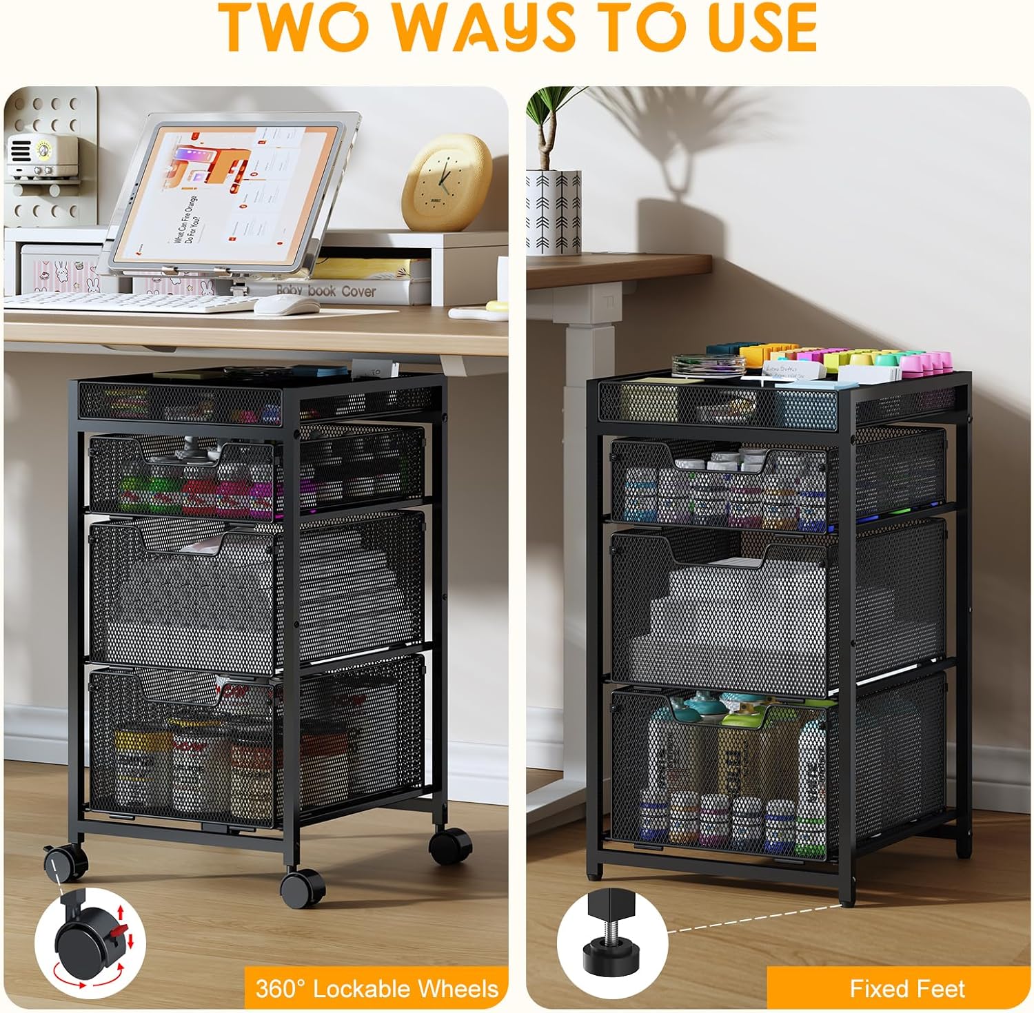 Rolling Utility Cart with 3 Drawers, Craft Storage and Organizer with DIY Dividers, Lockable Wheels, Multi-Functional Storage for Art Supplies, Brushes and Paint and Workpiece Small Parts