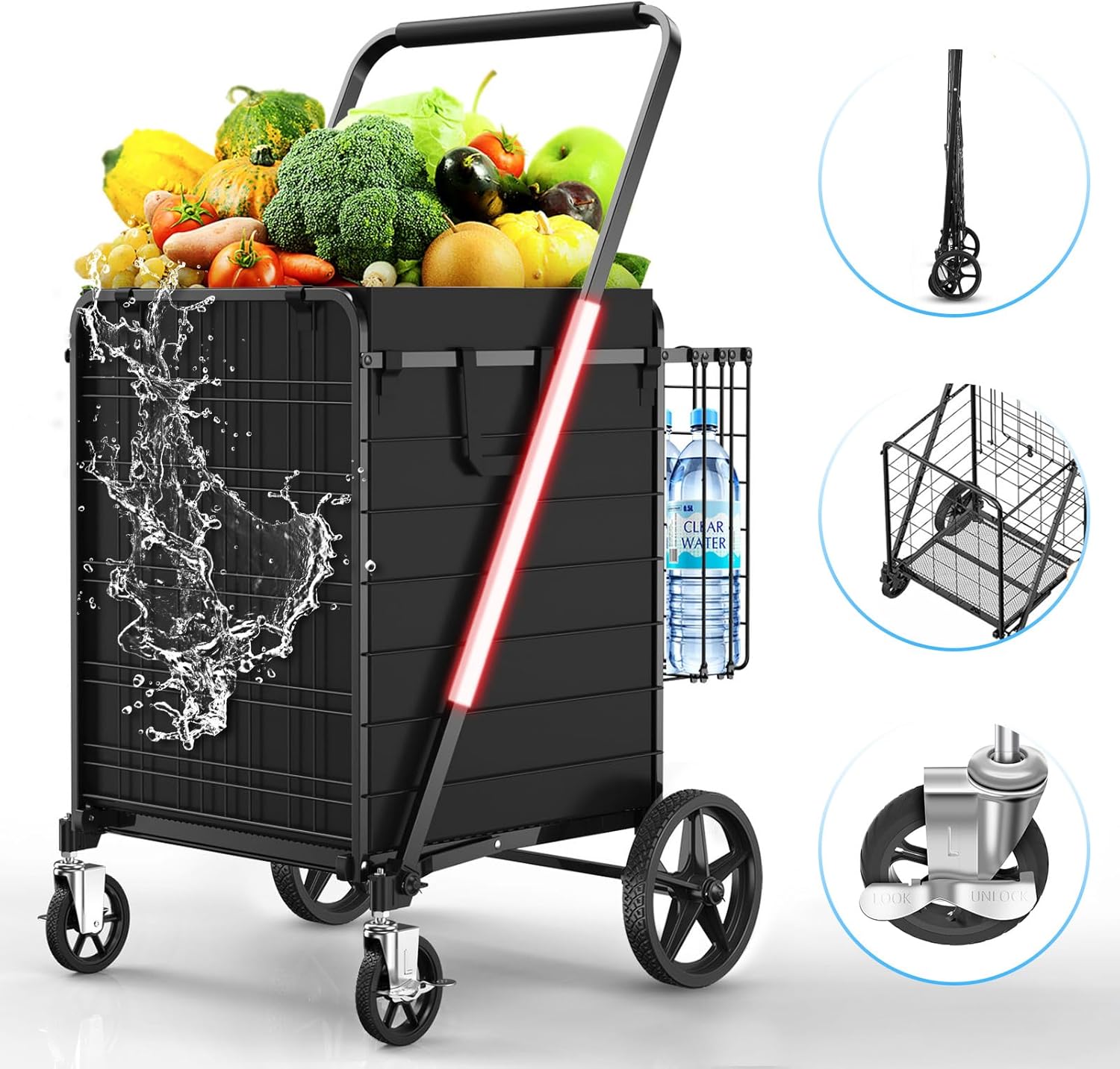 FOLDING SHOPPING CART WITH 360SWIVELING WHEELS AND BRAKE - Large Folding Grocery Cart with Double Baskets and Waterproof Lining,400 lb. Portable Heavy Duty Laundry Cart