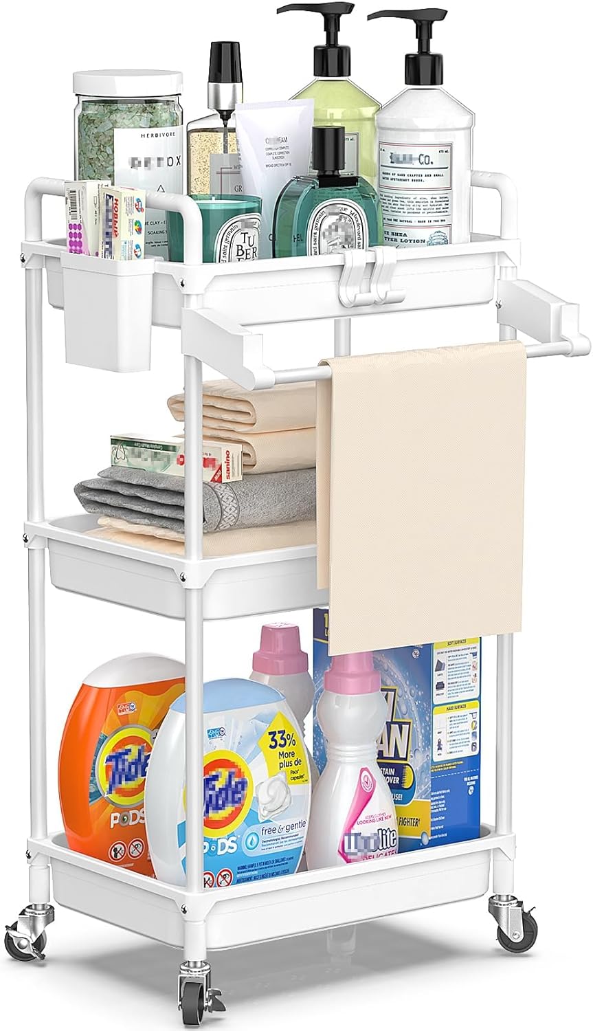 Rolling Storage Cart, 3 Tier Utility Cart Laundry Organization Mobile Shelving Unit Bathroom Organizer with Towel Rack, Lockable Wheels, Hooks and Cups for Kitchen Office, White