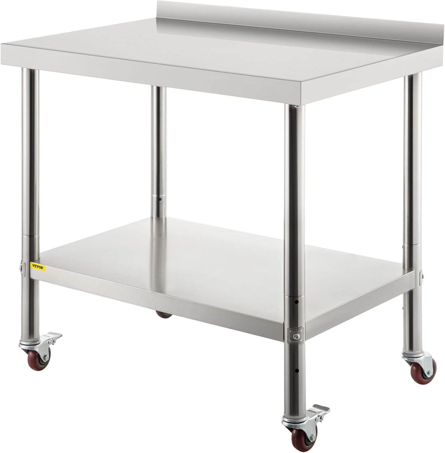 Stainless Steel Prep Table, 36 x 24 x 35 inches (Approx. 91.4 x 60.9 x 88.9 cm), 400 lb (Approx. 199.6 kg) Heavy Duty Metal Work Table with Splashguard Adjustable Base and 4 Casters, Kitchen Dining Room Commercial Workstation