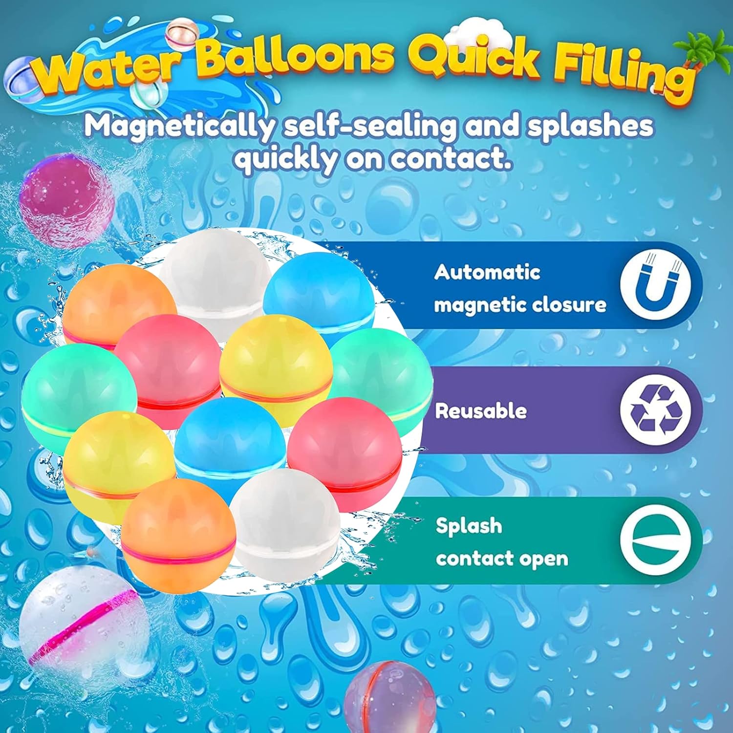 12 Pcs Reusable Water Balloons, Self-Sealing Silicone