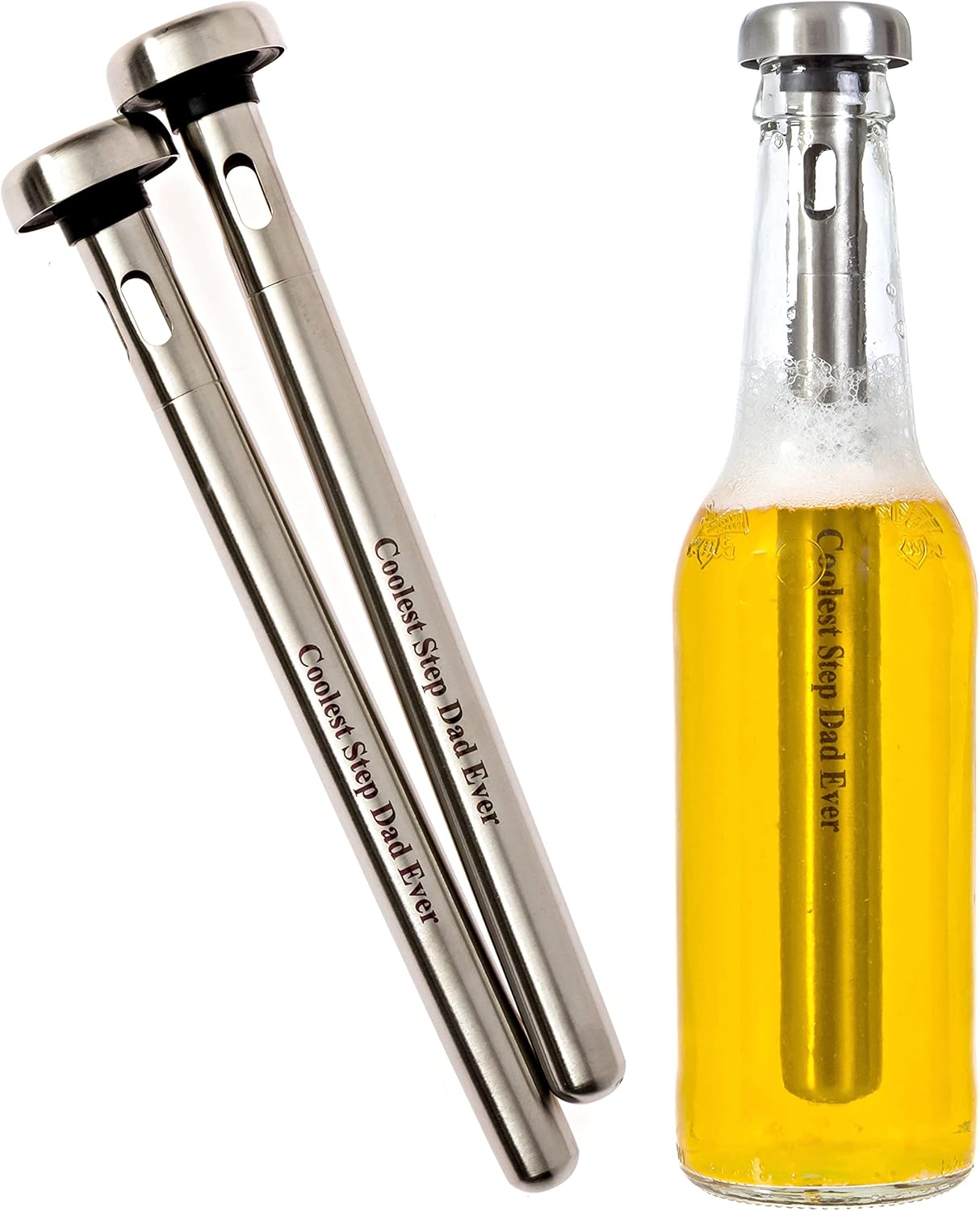 Brew House Chillers - Bonus Dads Edition Beer Cooling Sticks Engraved Coolest Step Dad Ever - Stainless Steel, 2 Piece Set