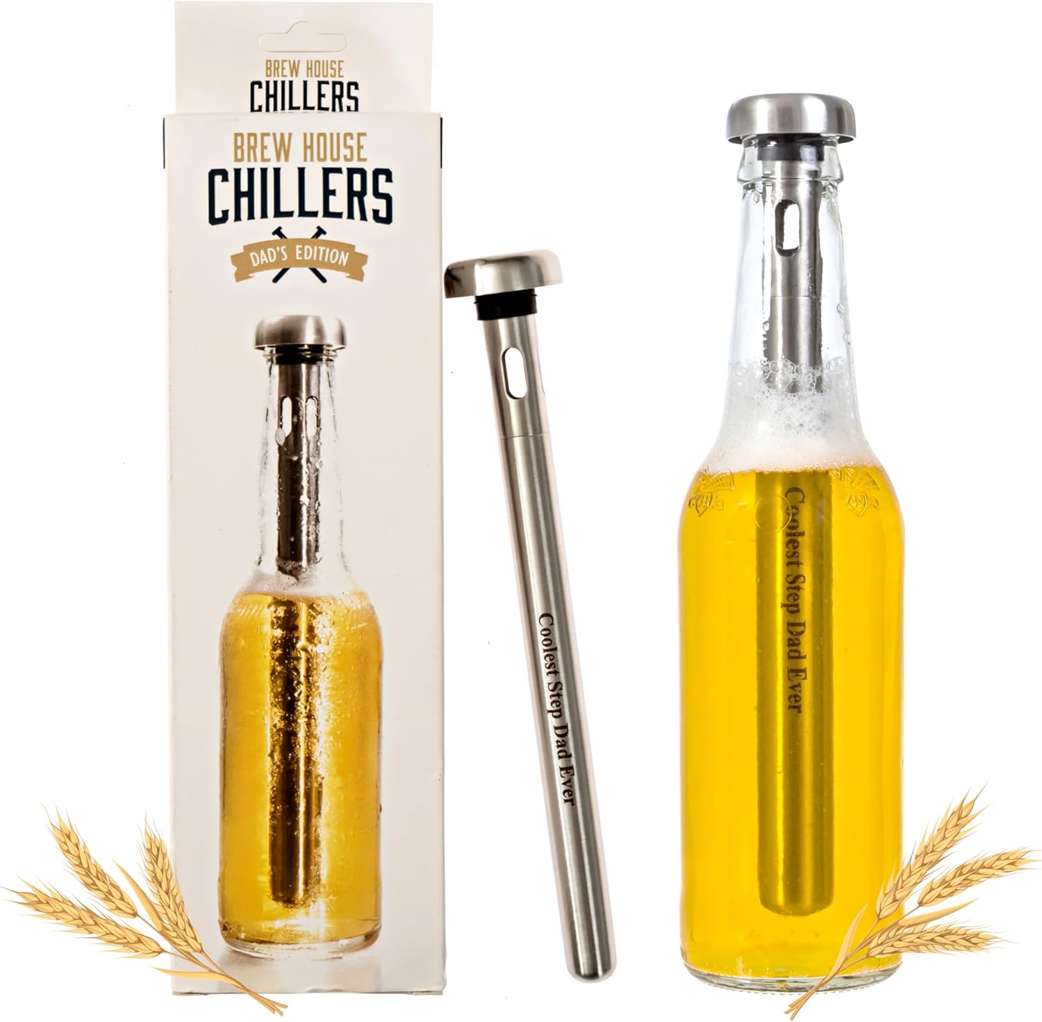 Brew House Chillers - Bonus Dads Edition Beer Cooling Sticks Engraved Coolest Step Dad Ever - Stainless Steel, 2 Piece Set