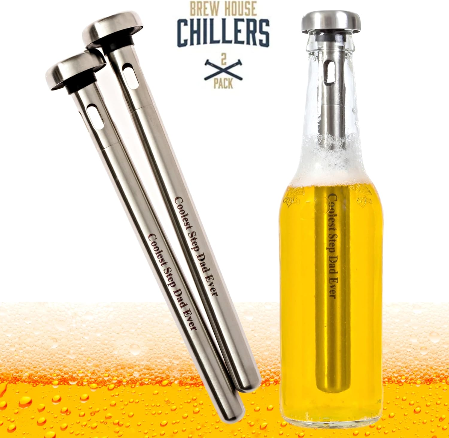 Brew House Chillers - Bonus Dads Edition Beer Cooling Sticks Engraved Coolest Step Dad Ever - Stainless Steel, 2 Piece Set