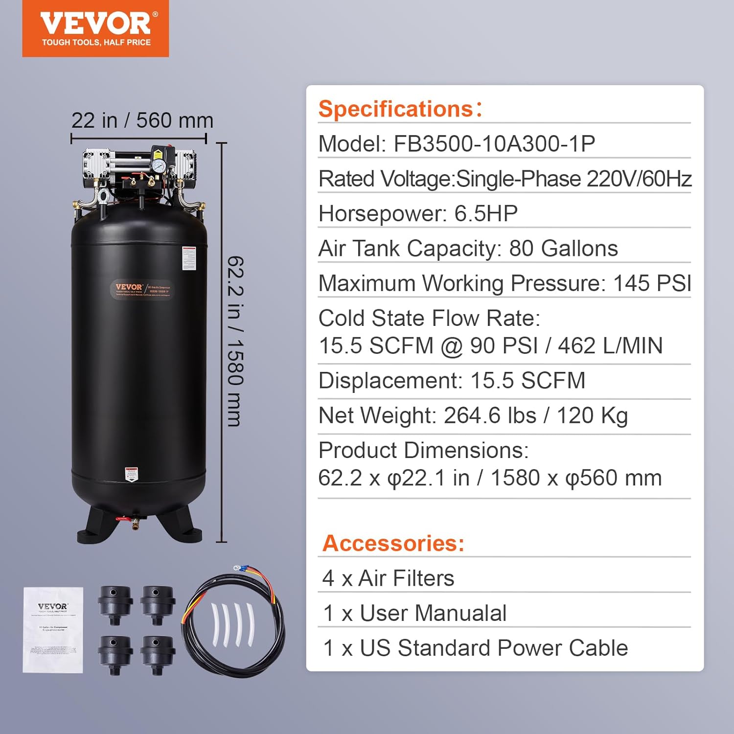 80 gal 6.5 HP 145 PSI 2 Stage Oil Free Industrial Air Compressor