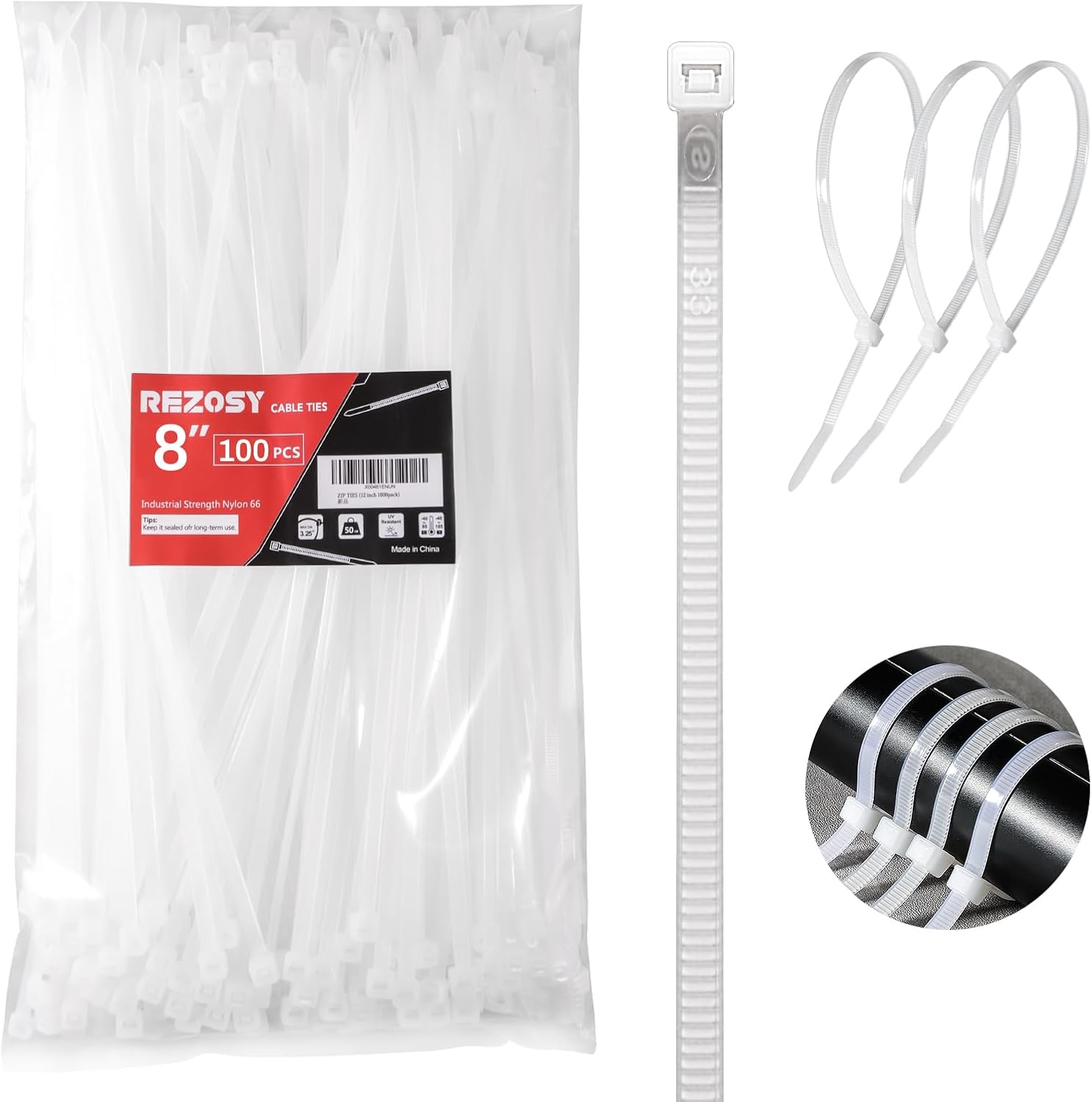White Zipper Ties 8 inches (Approx. 20.3 cm) Pack of 100 Clear Tensile Strength 40 lbs (Approx. 18.1 kg) UV Resistant Industrial Cable Ties Self-Locking Zipper Ties Wrap Indoor Outdoor for Fence Garage Camping