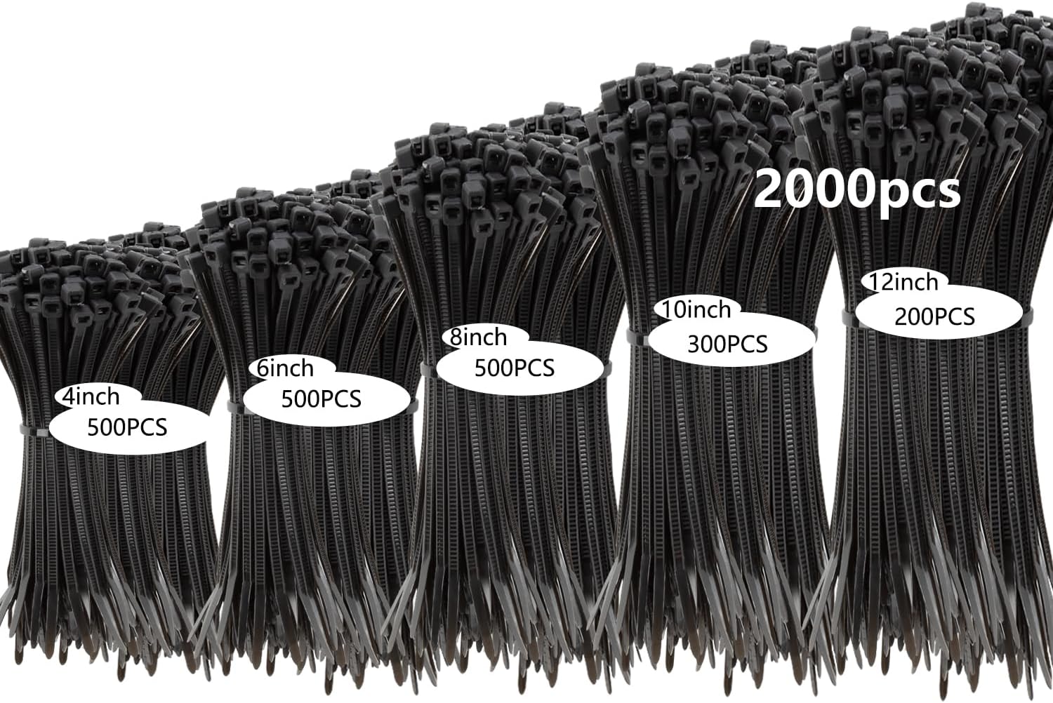 MasiStranth 2000 PCS Zipper Ties Various Sizes 4+6+8+10+12 inch Self-Locking Nylon Ties For Home Office Garden Workshop Indoor Outdoor Fence (Black)