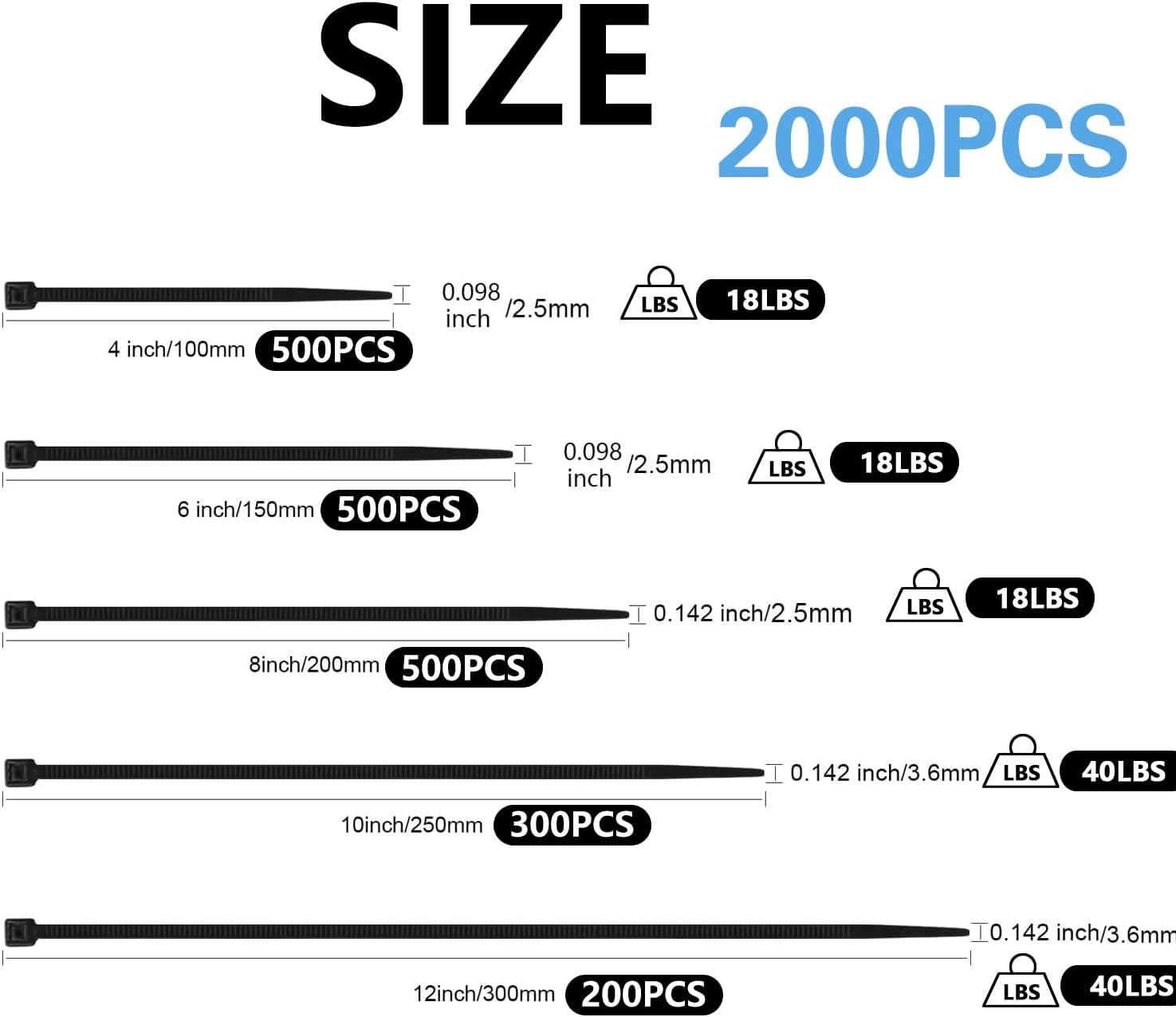 MasiStranth 2000 PCS Zipper Ties Various Sizes 4+6+8+10+12 inch Self-Locking Nylon Ties For Home Office Garden Workshop Indoor Outdoor Fence (Black)