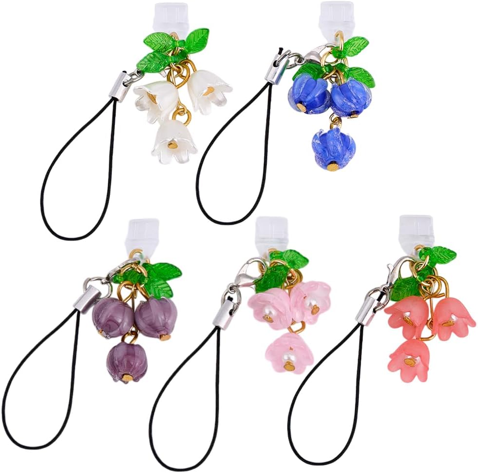 5Pack Type C Dust Plugs 1~1.7 Inch Length Mobile Dust Plug with Lily of the Valley Pendant USB C Port Cover Protective Phone Pendant Accessory Suitable for Most Type C Phones, Acrylic, No Gemstones
