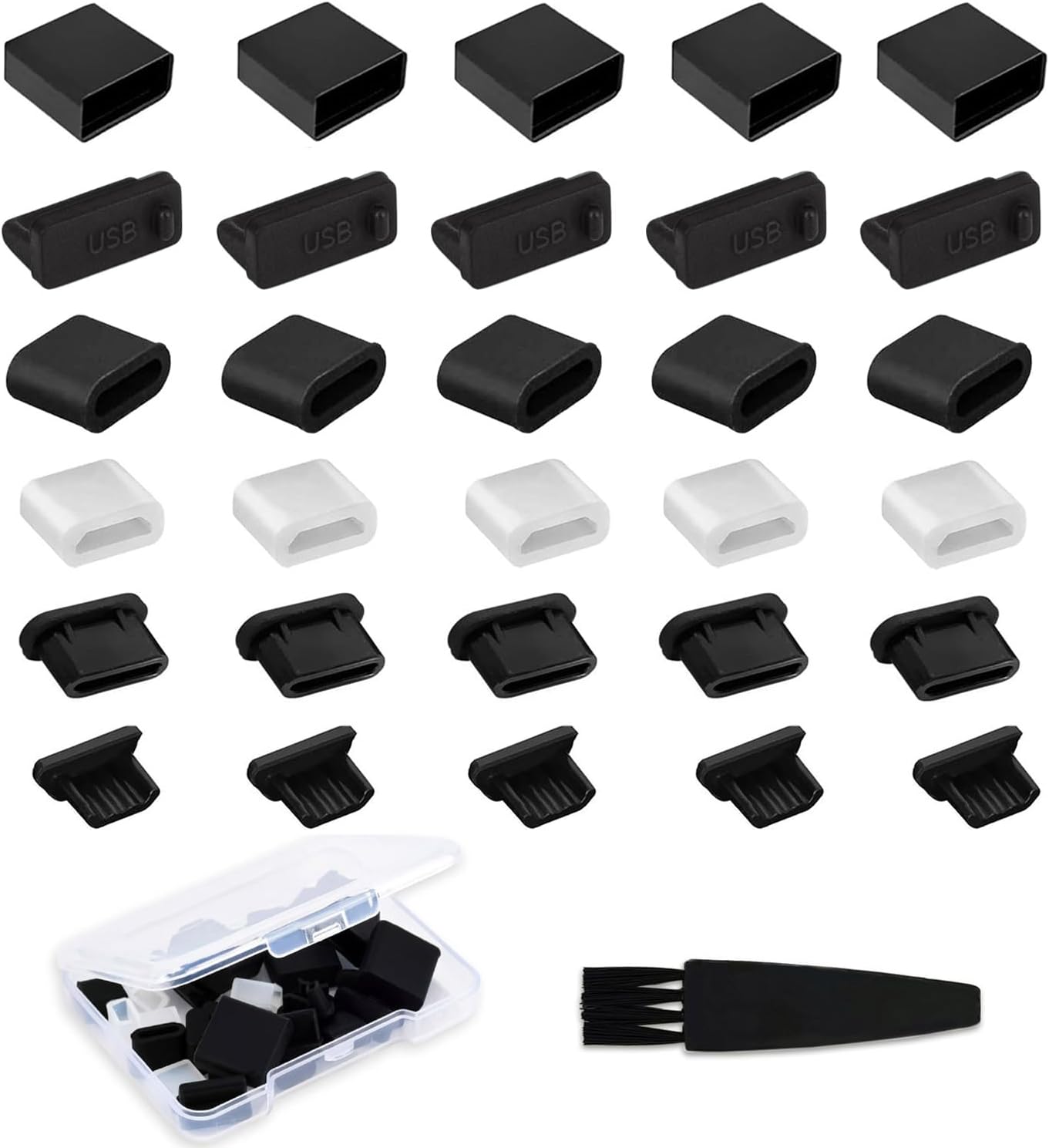 USB Cover Port Plug Cover - 30PCS 6 Type Silicone Dust Cover USB Port Protector Plug for USB Type-C, Micro USB, USB A Female and Male Ports with Cleaning Brush Kit