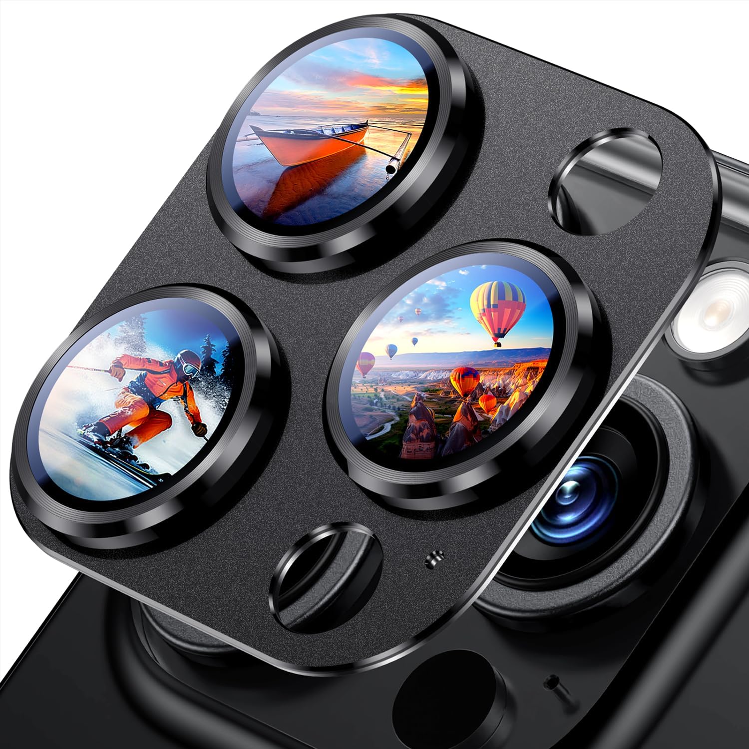 Uyiton Compatible iPhone 16 Pro/iPhone 16 Pro Max Camera Lens Protector - [Not Easy to Break][Strong Adsorption][Case Friendly] Metal Tempered Glass Rear Camera Screen Cover - Black Titanium
