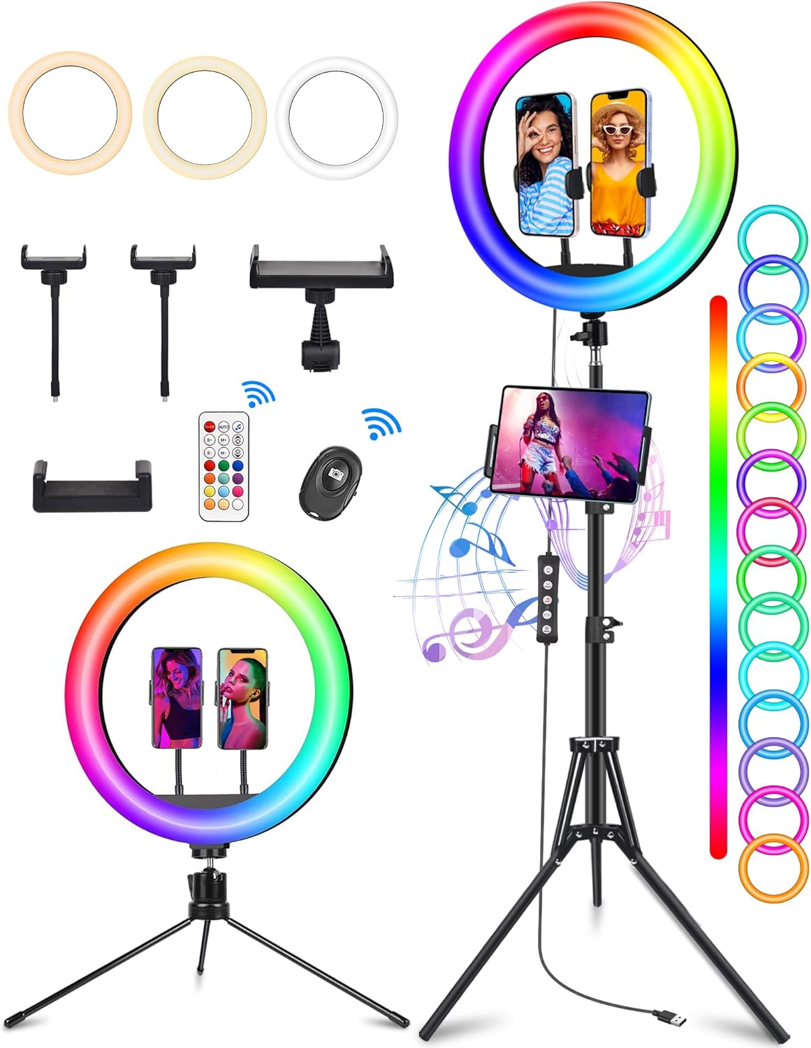 13.3" Ring Light with Stand, Music Mode, 75" Tall with 3 Phone Holders, 3 CCT Modes and 48 RGB Color Modes, Ring Light Tripod for iPhone with Wireless Remote, Great for Photography/Makeup/ikTikTikTikTikTikGood