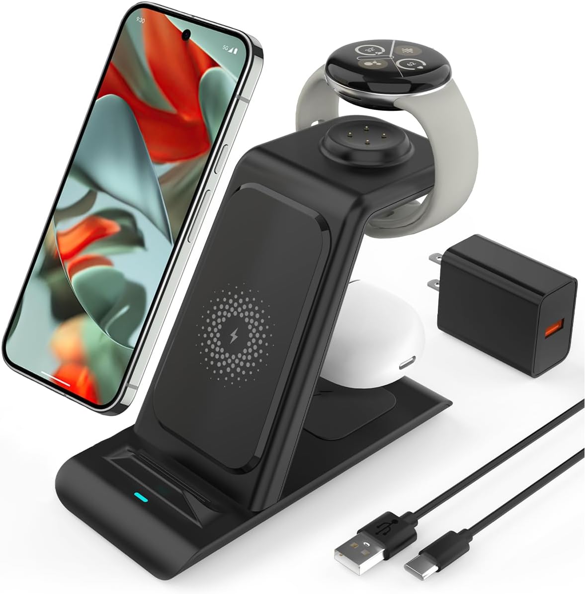 3-in-1 wireless charger compatible with Google Pixel Watch 3/2, Pixel 9 Pro XL/9/Fold/8/7/7A/6 Pro, Pixel Buds Pro/2, wireless charging station for multiple devices (not for Pixel Watch 1)