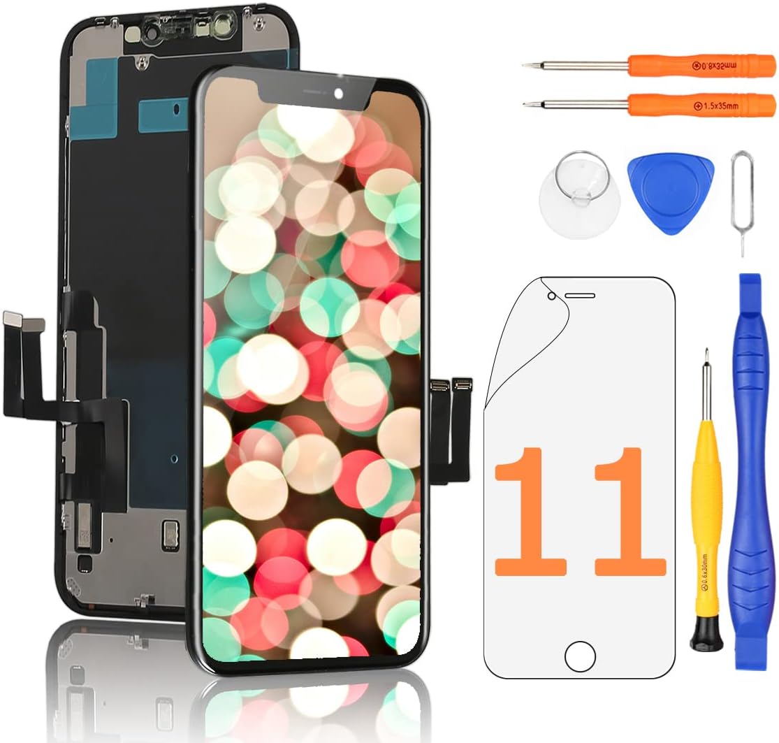 For iPhone 11 Screen Replacement Kit Full HD COF LCD Display 3D Touch Digitizer Frame Fully Assembled with Repair Tools for Models A2111, A223, A221 Black 6.1 Inch