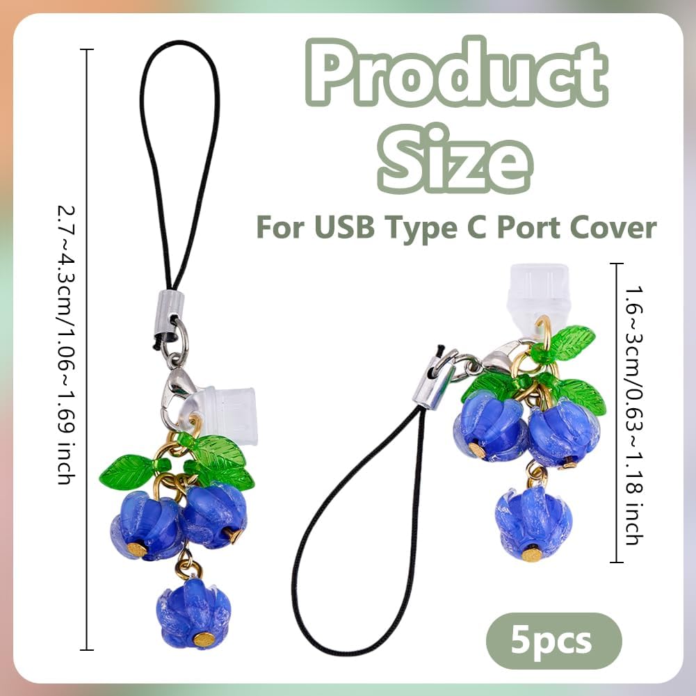 5Pack Type C Dust Plugs 1~1.7 Inch Length Mobile Dust Plug with Lily of the Valley Pendant USB C Port Cover Protective Phone Pendant Accessory Suitable for Most Type C Phones, Acrylic, No Gemstones