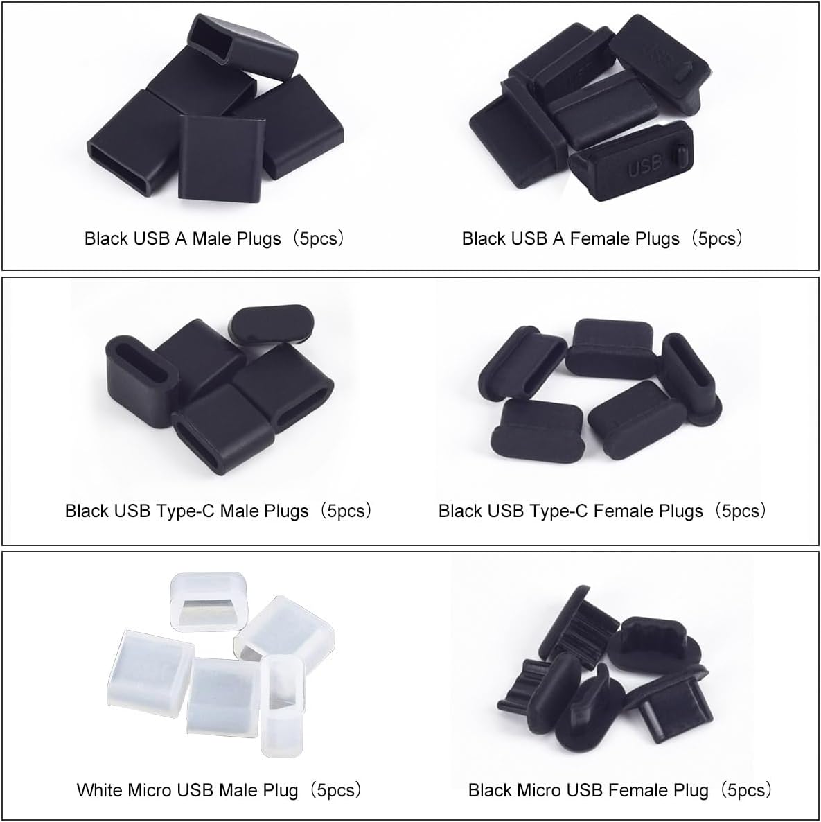 USB Cover Port Plug Cover - 30PCS 6 Type Silicone Dust Cover USB Port Protector Plug for USB Type-C, Micro USB, USB A Female and Male Ports with Cleaning Brush Kit