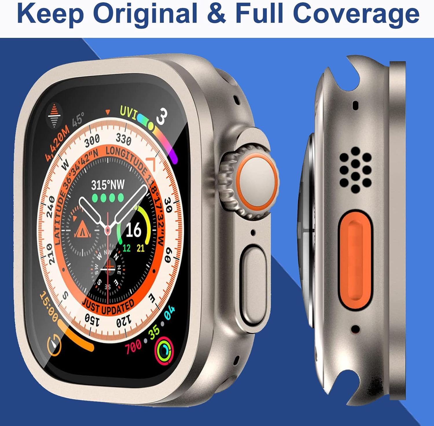 2-Pack Screen Protector for Apple Watch Ultra 2/1 49 mm, Tempered Glass, Titanium Frame, Military Grade Protection, Original Look, Touch Sensitive, Water Resistant - Titanium