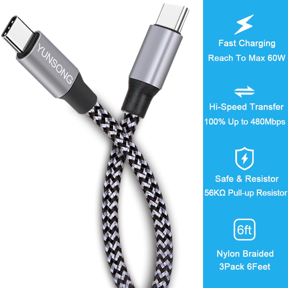 USB C Cable, 3-Pack 6ft (about 1.8m) USB C to USB C Cable Nylon Braided Type C PD 60W Fast Charging, for iPhone16 15 iPad Mini 6 and More