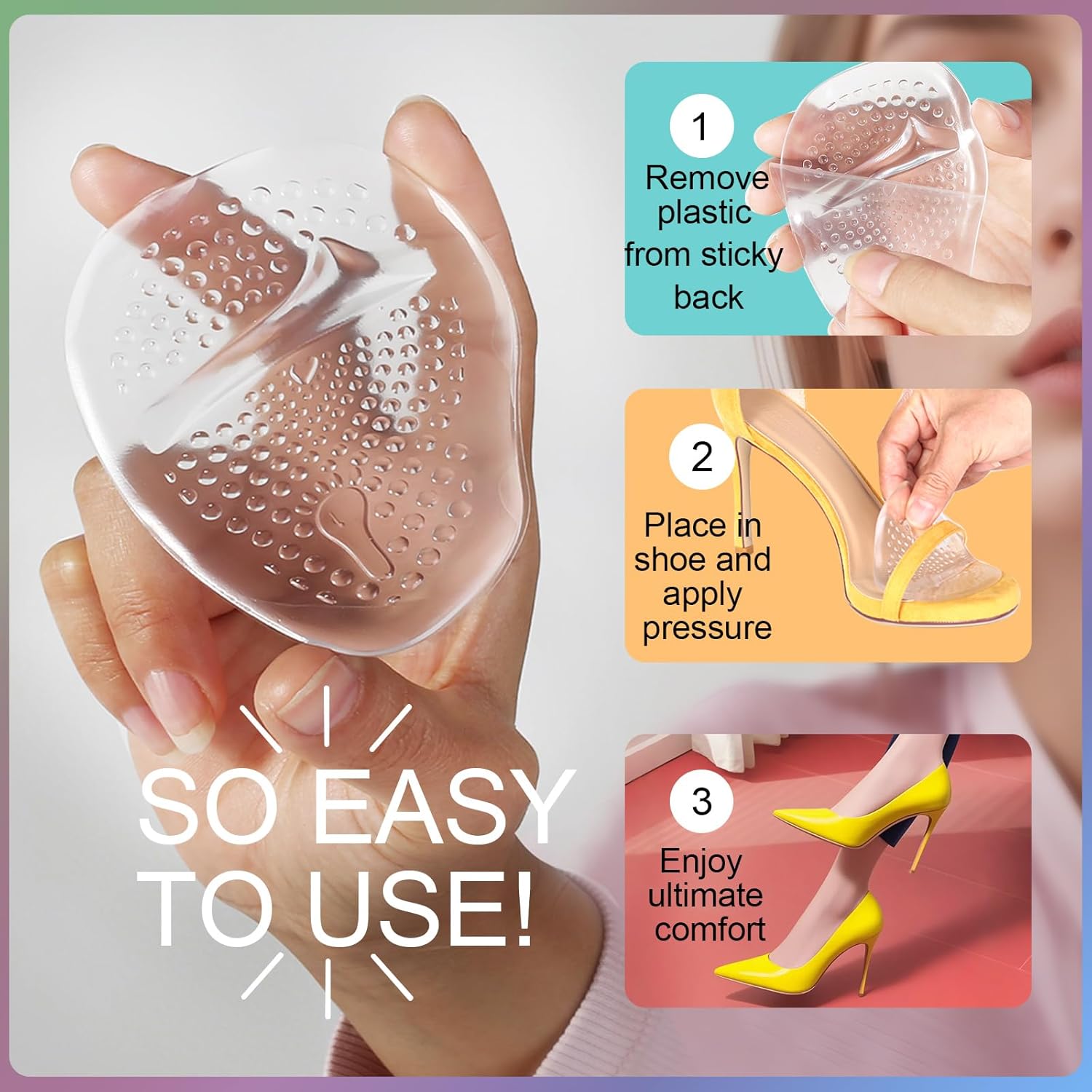 2 pairs of ball of foot cushions, metatarsal cushions, Women heel pads, non-slip heel cushions, foot pain relief and comfort, foot cushions Gel insoles, One size fits all, Clear