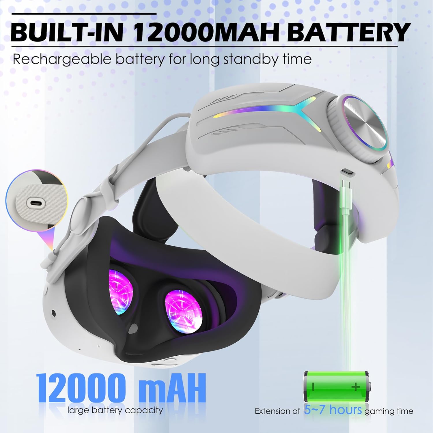 Upgraded 12000mah Battery Head Strap Compatible for Quest 3S, 9V 2A PD Fast Charging Extended Gaming Time with RGB Light Exclusively Designed Accessories for Quest 3s- White