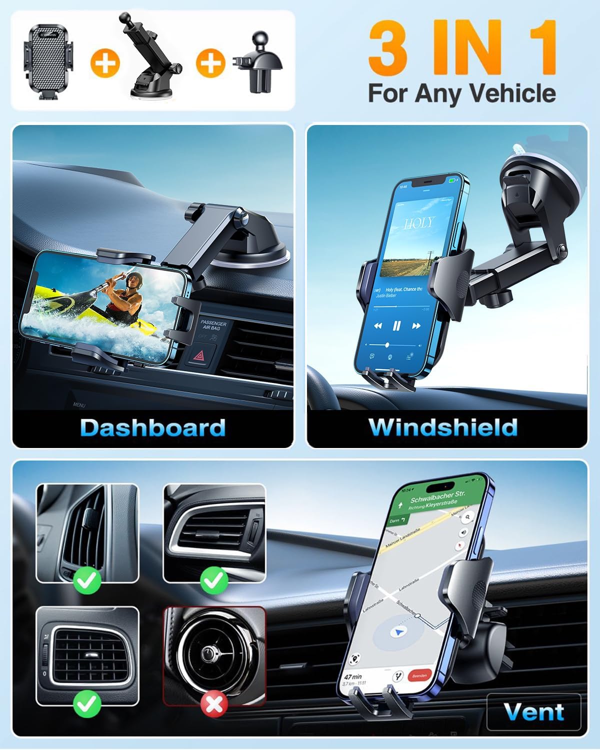 Car Phone Holder Military Grade Phone Holder for Your Car Windshield Dashboard [65 lbs strong suction] [Patent and Safety Certificate] Universal Phone Car Holder for iPhone Samsung Android
