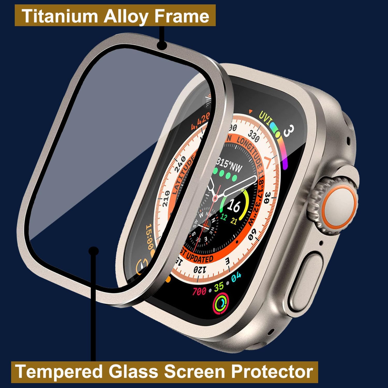 2-Pack Screen Protector for Apple Watch Ultra 2/1 49 mm, Tempered Glass, Titanium Frame, Military Grade Protection, Original Look, Touch Sensitive, Water Resistant - Titanium