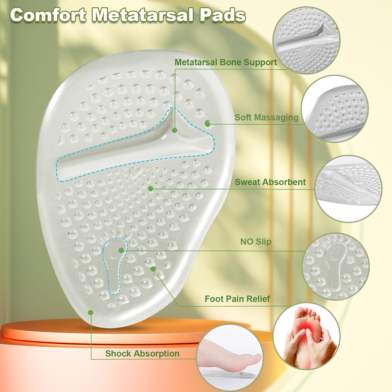 2 pairs of ball of foot cushions, metatarsal cushions, Women heel pads, non-slip heel cushions, foot pain relief and comfort, foot cushions Gel insoles, One size fits all, Clear