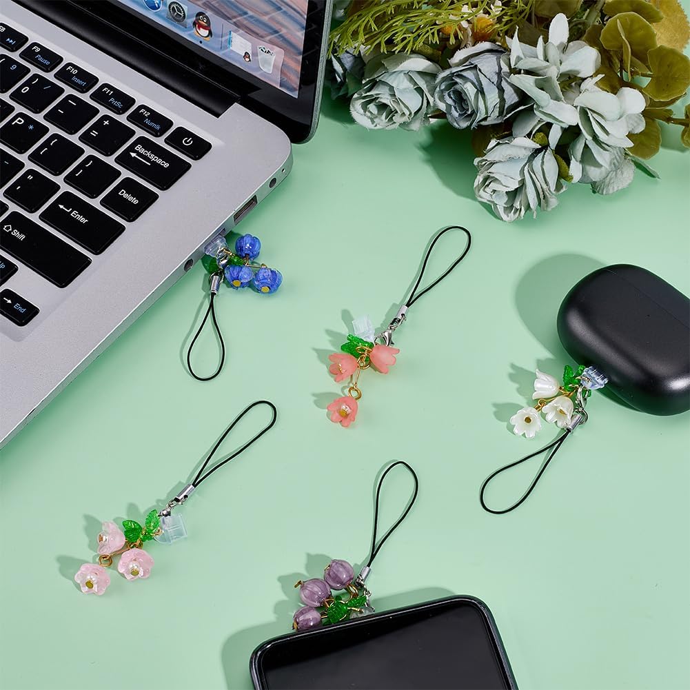5Pack Type C Dust Plugs 1~1.7 Inch Length Mobile Dust Plug with Lily of the Valley Pendant USB C Port Cover Protective Phone Pendant Accessory Suitable for Most Type C Phones, Acrylic, No Gemstones