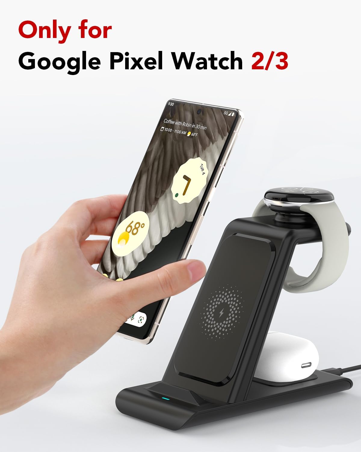 3-in-1 wireless charger compatible with Google Pixel Watch 3/2, Pixel 9 Pro XL/9/Fold/8/7/7A/6 Pro, Pixel Buds Pro/2, wireless charging station for multiple devices (not for Pixel Watch 1)