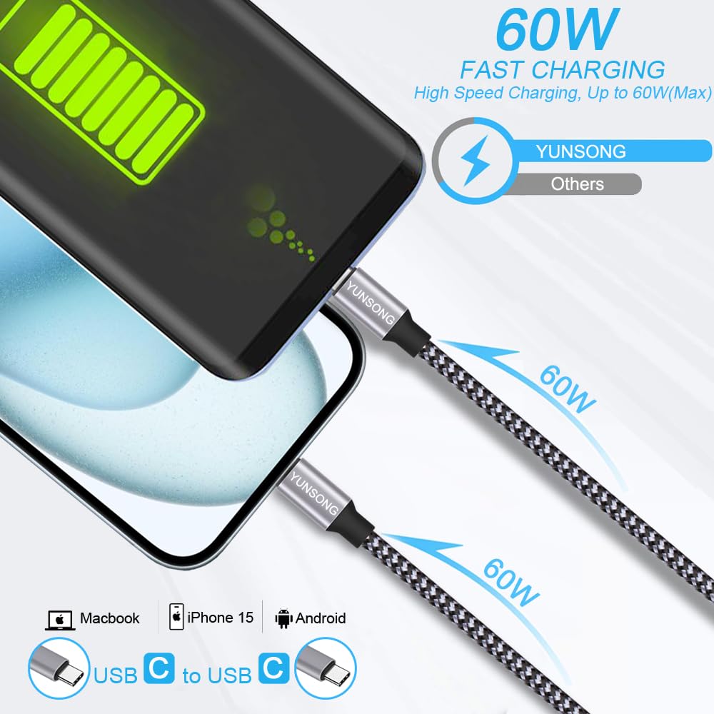 USB C Cable, 3-Pack 6ft (about 1.8m) USB C to USB C Cable Nylon Braided Type C PD 60W Fast Charging, for iPhone16 15 iPad Mini 6 and More