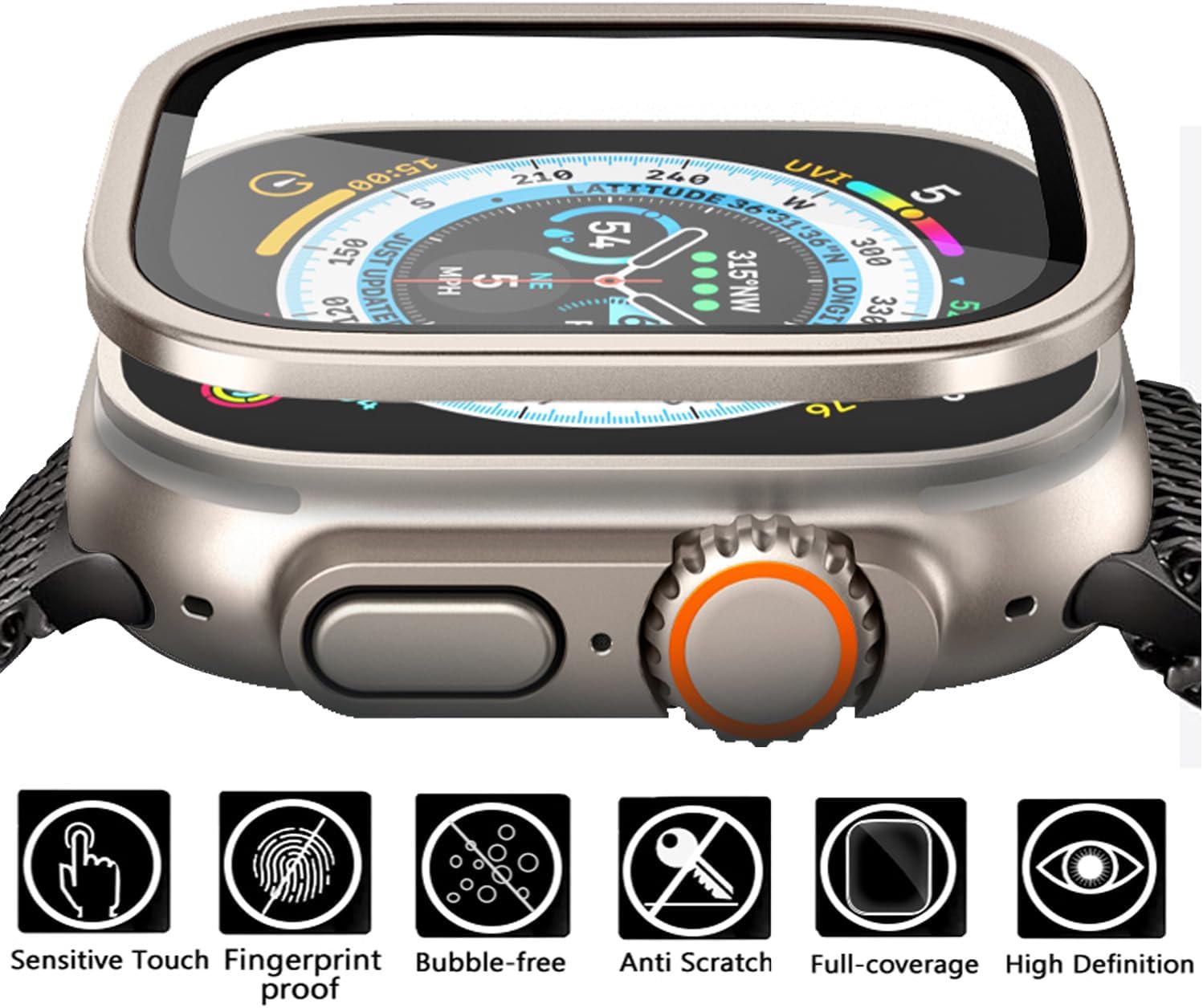 2-Pack Screen Protector for Apple Watch Ultra 2/1 49 mm, Tempered Glass, Titanium Frame, Military Grade Protection, Original Look, Touch Sensitive, Water Resistant - Titanium