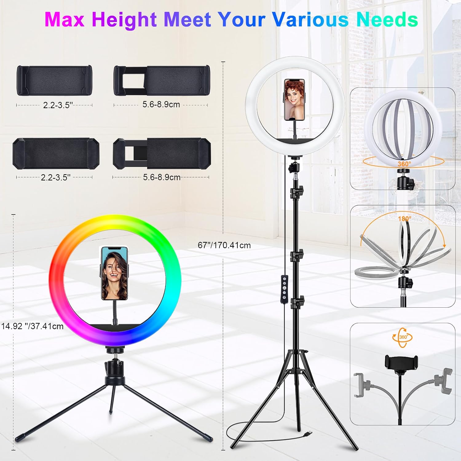 13.3" Ring Light with Stand, Music Mode, 75" Tall with 3 Phone Holders, 3 CCT Modes and 48 RGB Color Modes, Ring Light Tripod for iPhone with Wireless Remote, Great for Photography/Makeup/ikTikTikTikTikTikGood