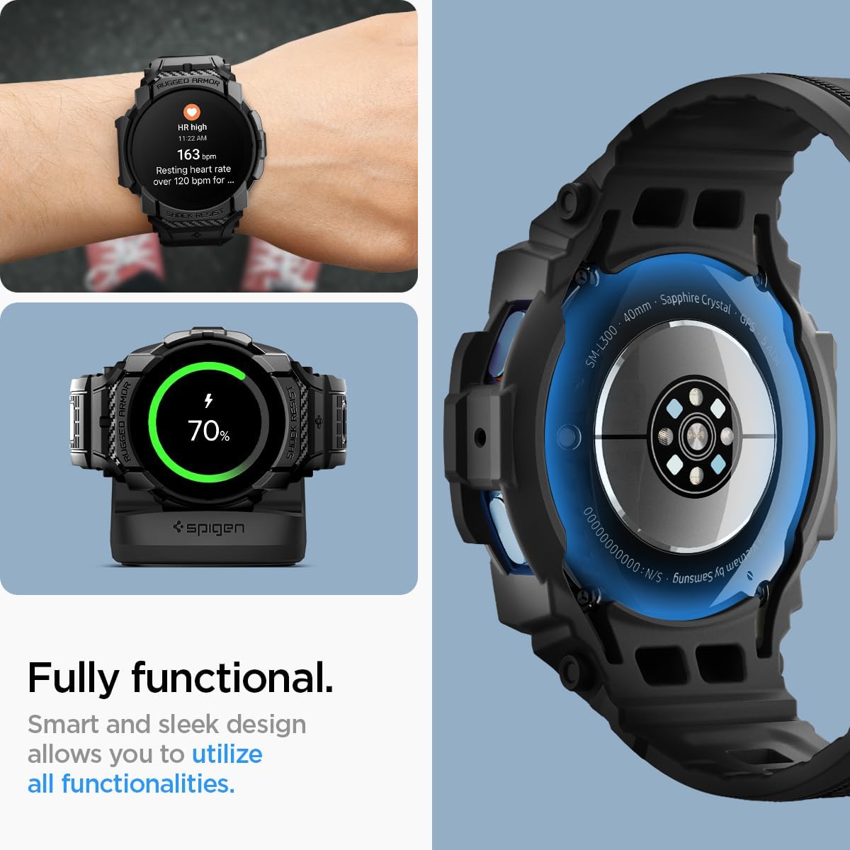 Rugged Armor Pro Exclusive Samsung Galaxy Watch 7 40mm Case with Strap, Rugged Galaxy Strap with Case (2024) - Matte Black