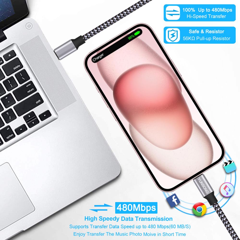 USB C Cable, 3-Pack 6ft (about 1.8m) USB C to USB C Cable Nylon Braided Type C PD 60W Fast Charging, for iPhone16 15 iPad Mini 6 and More