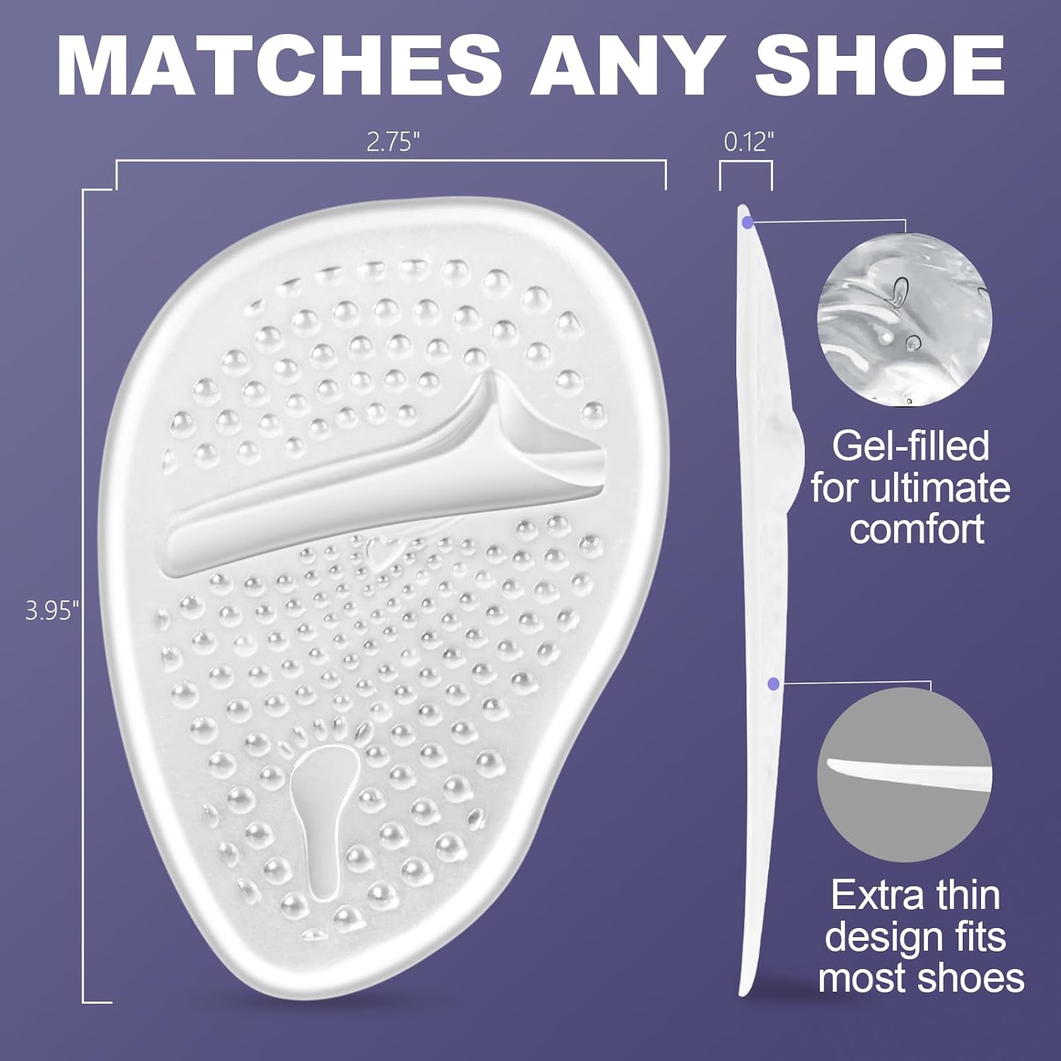 2 pairs of ball of foot cushions, metatarsal cushions, Women heel pads, non-slip heel cushions, foot pain relief and comfort, foot cushions Gel insoles, One size fits all, Clear