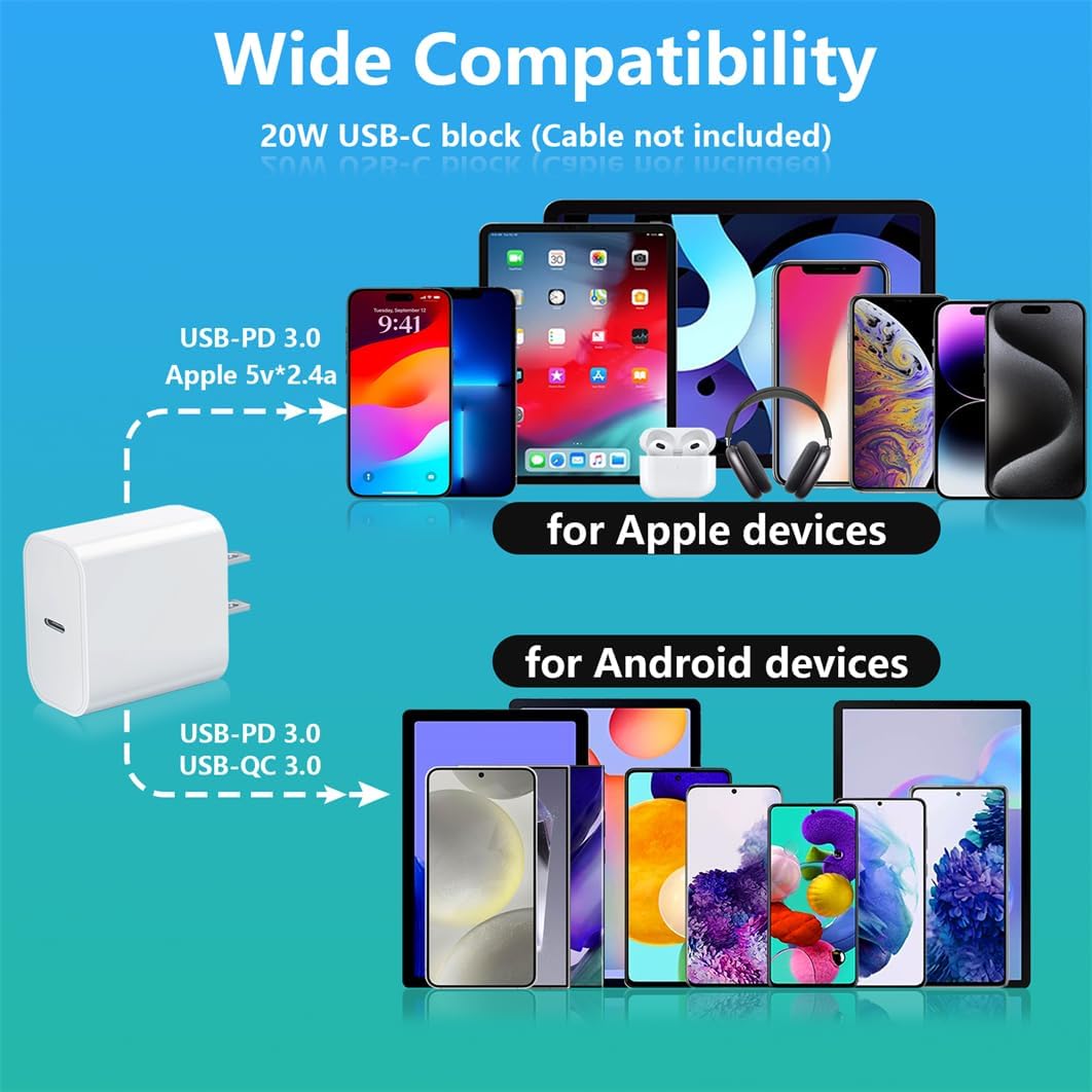 USB-C Charger Block 20w Compatible with Apple Watch Block,iWatch Series Ultra/10/9/8/7/6/SE/SE2/5/4/3,iPhone 16/15,gvmkwejk Type-C PD Fast Charging USBC Power Adapter 1 pc W hite